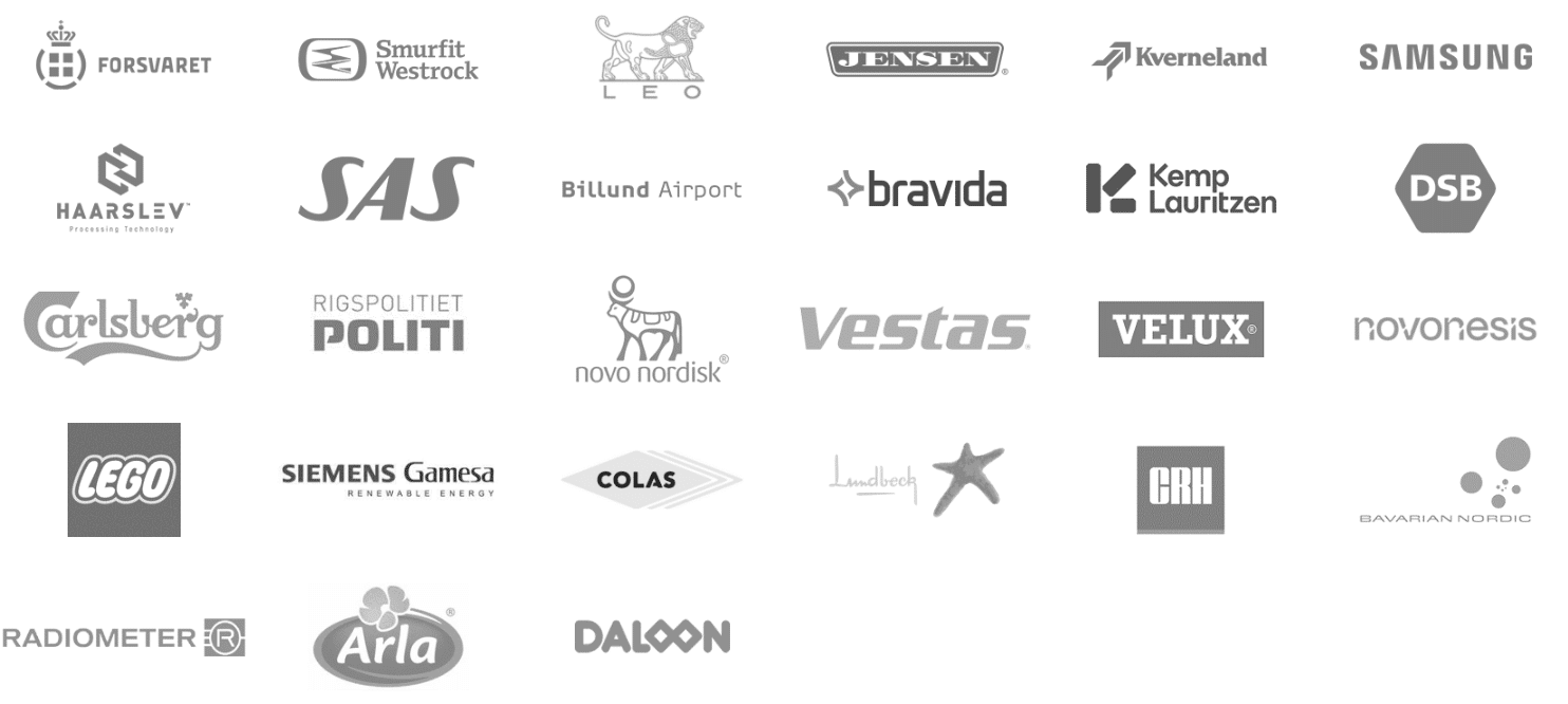 Novo Nordisk, LEGO, Carlsberg, VESTAS, Siemens, Arla, Lundbeck, VELUX, CRH, Novozymes, Dansk Politi, Chr. Hansen, Samsung, SAS